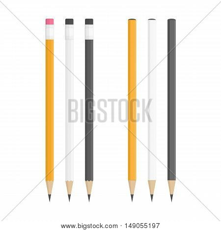 Lead pencils various types on white background. Yellow, white and black wooden pencils in classic style isolated on white background. Corporate Identity And Branding Stationery Templates.