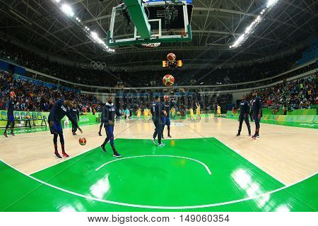 RIO DE JANEIRO, BRAZIL - AUGUST 10, 2016: Team United States warms up for group A basketball match between Team USA and Australia of the Rio 2016 Olympic Games at Carioca Arena 1