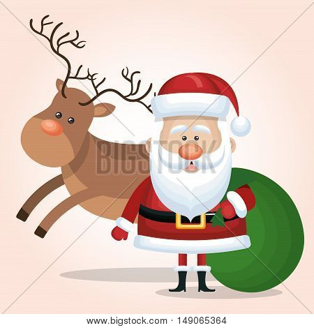santa calus card reindeer and bag gift green vector illustraion