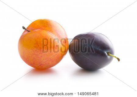 Yellow and purple plums isolated on white background.