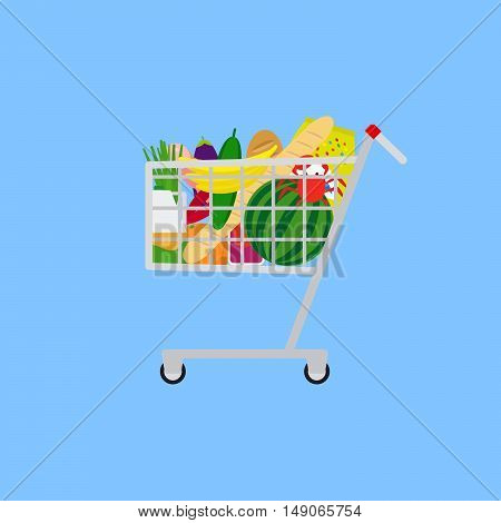 Shopping cart with food on blue background. Vector illustration