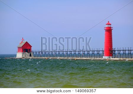 Grand Haven South Pierhead Inner Light, built in 1905, Lake Michigan, MI, USA