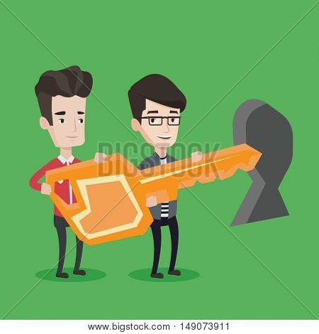 Happy businessmen standing in front of a keyhole with a big key. Business team holding the key to success. Two businessmen carrying huge golden key. Vector flat design illustration. Square layout.