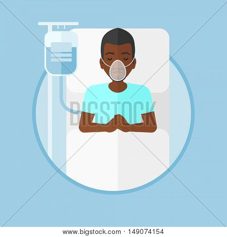 An african-american man lying in hospital bed with oxygen mask. Man during medical procedure with drop counter at medical room. Vector flat design illustration in the circle isolated on background.
