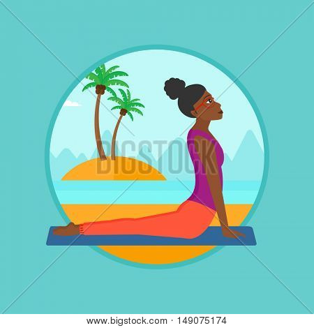 An african woman practicing yoga upward dog position. Woman meditating in yoga upward dog position on the beach. Woman doing yoga. Vector flat design illustration in the circle isolated on background.