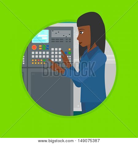 An african woman working on control panel. Woman pressing button on control panel. Engineer standing in front of control panel. Vector flat design illustration in the circle isolated on background.