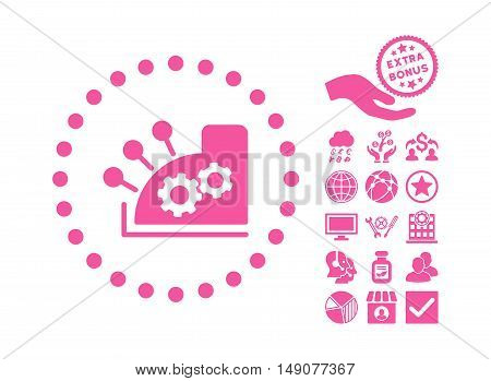 Cash Register pictograph with bonus images. Vector illustration style is flat iconic symbols pink color white background.