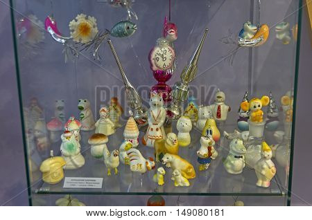 KLIN RUSSIA - JANUARY 16 2016: Christmas toys in the form of characters from fairy tales and cartoons. Museum of Christmas toys.