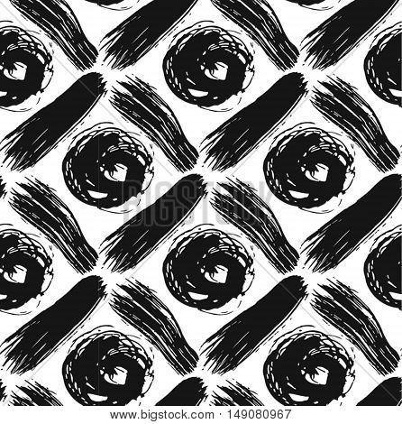 Vintage checked seamless pattern with brushed rhombus and dots in black and white.Texture in art deco style for web printhome decorspring summer fashion fabrictextilewebsite backgroundgift paper