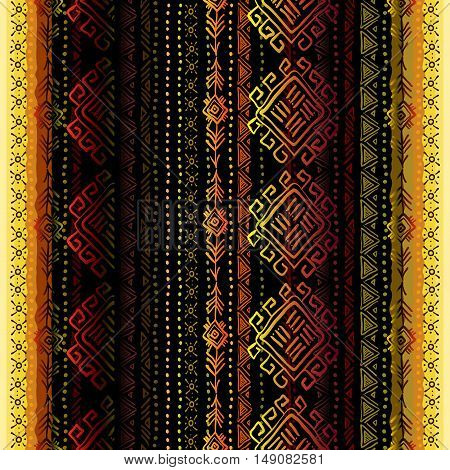 Darck vertical seamless pattern with tribal ornament ethnic stripes in black background. Geometric colorful design. Vector illustration stock vector.