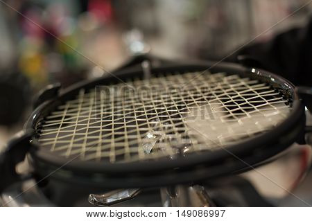 Detail Of Tennis Racket In The Stringing Machine