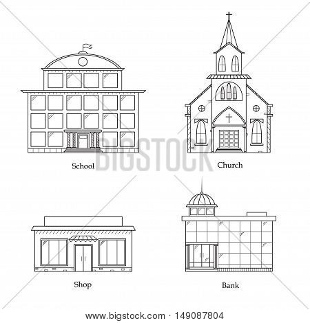 Linear Buildings Set. School, Church, Bank and Shop Vector illustration