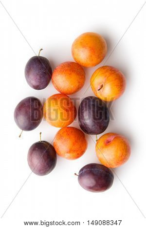 Yellow and purple plums isolated on white background.