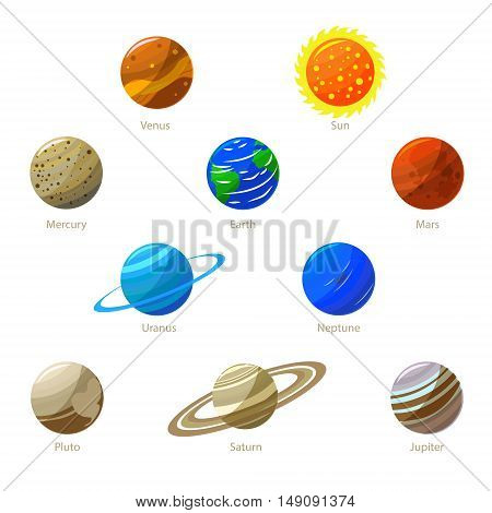 Colorful Solar System Planets and Sun. Flat Design Style. Vector illustration