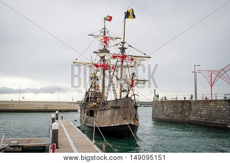 Christopher Columbus flagship Santa Maria historical ship replica at Funchal harbor. Madeira island, Portugal.
