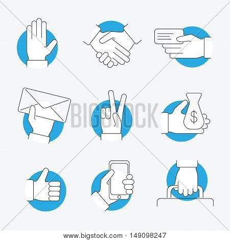 Hand Thin Line Icon Set Isolated on White Background. Circle Buttons. Vector illustration