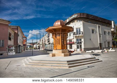 SJENICA, SERBIA-SEP 18, 2016: Main square in  Sjenica city on Sep 18, 2016,  southwest Serbia.