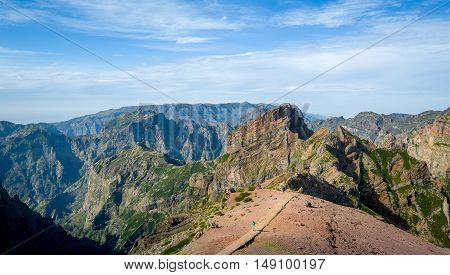 Pico Arieiro to Pico Ruivo hiking route. Scenic mountain landscapes of Madeira island, Portugal.