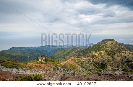 Scenic mountain view from Pico Ruivo lookout point. Popular Madeira island hiking route.