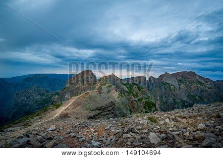 Pico Arieiro to Pico Ruivo hiking route landscape at late evening. Madeira island, Portugal.
