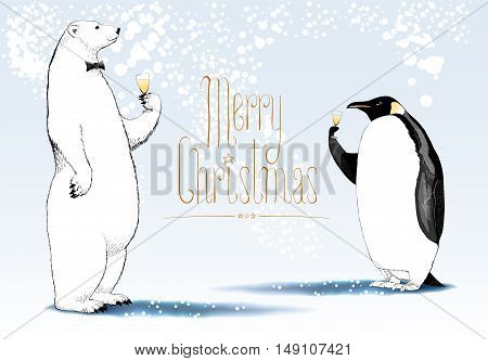 Merry Christmas vector seasonal greeting card. Penguin polar bear cute characters drinking glass of champagne funny nonstandard illustration. Design element with Merry Christmas hand drawn