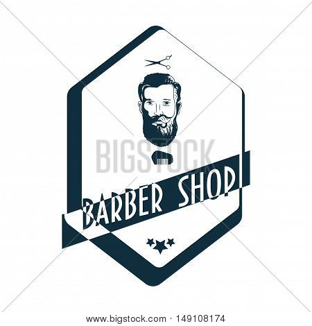Barbershop vintage label with typography, hipster style bearded man head, barber comb and barber scissors.