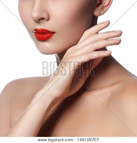 Close-up Shot Of Woman Lips With Glossy Red Lipstick. Glamour Re