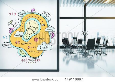 Modern conference room with creative light bulb sketch on wall. Idea concept. 3D Rendering
