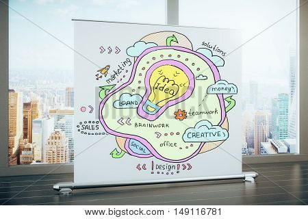 Poster with creative light bulb sketch in room with wooden floor and panoramic window with city view. Idea concept. 3D Rendering