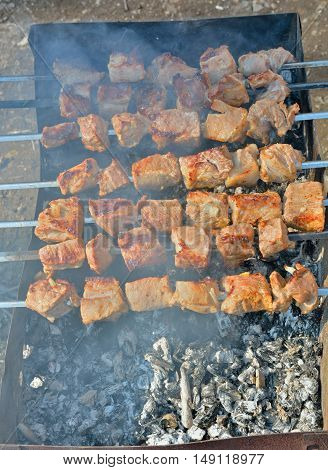 A close up of the cooking shashlik on skewers.