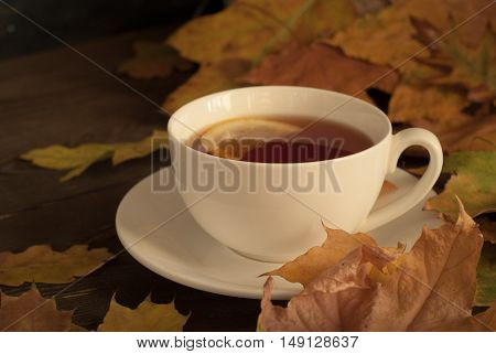 Autumn hot tea on wooden table and Fallen leaves. Image toned.