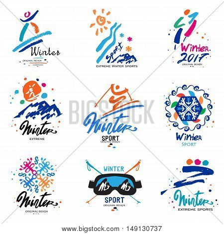 Winter sport, logo and illustration. Snowy mountains, extreme winter sports illustration. Handmade emblem of the winter championship.