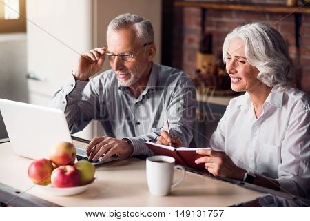 Working mood. Senior couple sitting at the kitchen table looking at something on a laptop and smiling