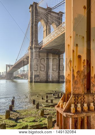 Brooklyn Bridge is a hybrid cable-stayed/suspension bridge in New York City