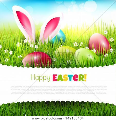Easter greeting card with eggs and rabbit ears sticking out of the grass - vector illustration with place fort ext