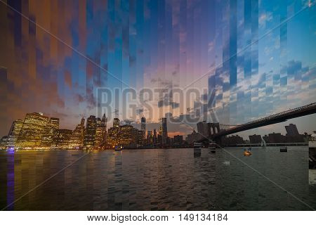 Downtown Manhattan skyline at dusk, New York City - NY - USA. TimeSlise shooting technique.