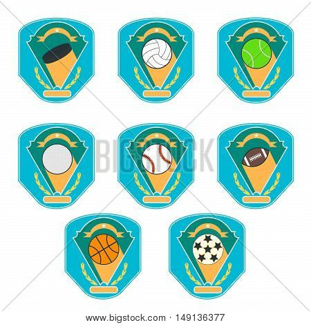 Sport logo set for different sport disciplines vector. Badge sport graphic team illustration sport logo. Champion tournament game element sport logo label shield ball college competition emblem.