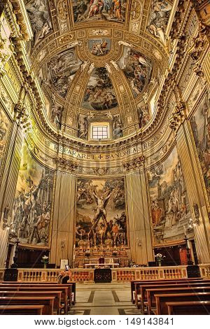 ROMA ITALY APRIL 11 2016 : Interiors and architectural details of Sant Andrea della Valle basilica with fresco by Giovanni Lanfranco (1621- 1625) and four Evangelists by Carracci school (17. cent.) april 11 2016 in Rome Italy.