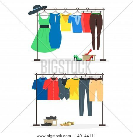Clothes Racks with Wear on Hangers Set. Flat Design Style. Vector illustration