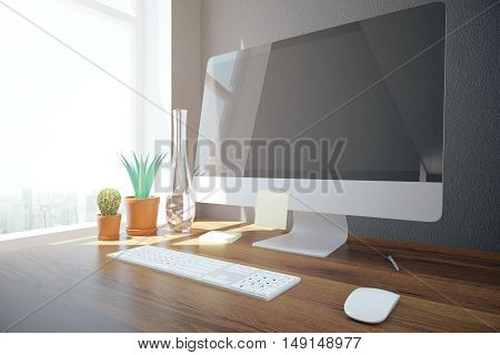 Side view of creative designer desktop with blank computer screen keyboard mouse decorative plants and window with city view and daylight. Mock up 3D Rendering