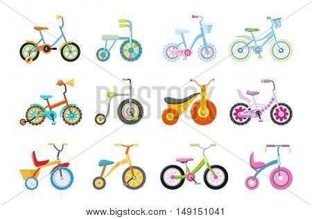 Set of kids bicycles and tricycles in flat. Bike icon. Tricycle icon. Bicycle icon. Children toy. Isolated object in flat design on white background. Vector illustration.