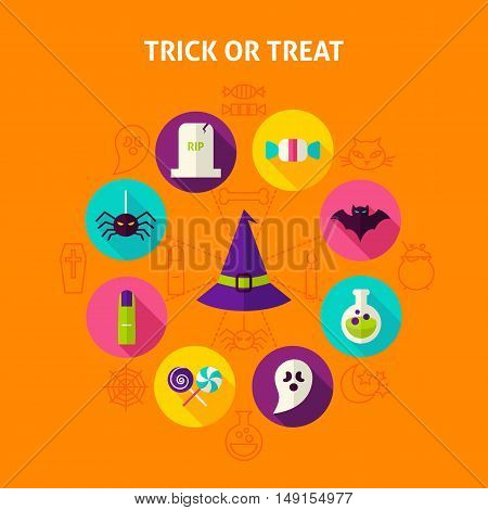 Trick or Treat Infographic Concept. Vector Illustration of Happy Halloween Circle with Flat Design Icons.