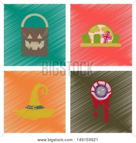 assembly flat shading style icons of halloween zombie eyes bag gravestone witch hat