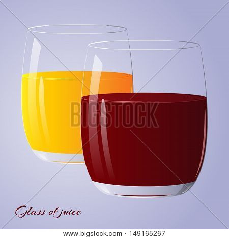 Two glasses of fresh juice for health isolated on blue background. Vector illustration.