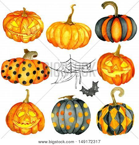 Watercolor Halloween set. Hand drawn holiday illustrations isolated on white background: natural and decorative pumpkins with spider web. Artistic autumn decor clip art