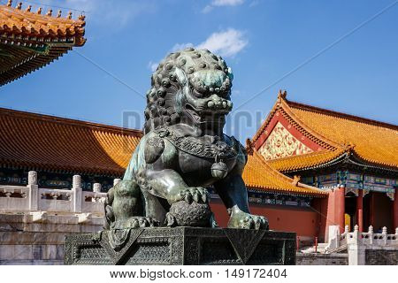 Bronze Lions, The Palace Museum in the Forbidden City, China. Bejing clear sun day.