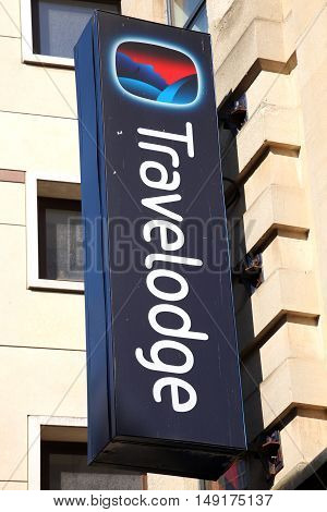 Cardiff, Wales, UK , September 14, 2016 :  Travelodge advertising sign outside one of their hotels in the city centre