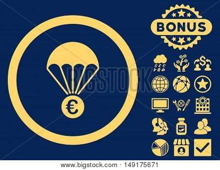 Euro Parachute icon with bonus pictogram. Vector illustration style is flat iconic symbols yellow color blue background.