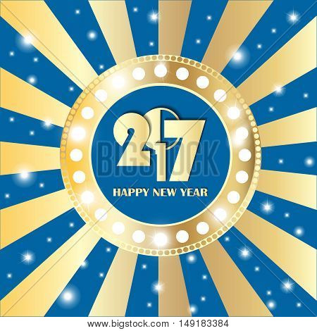 Shining Gold Circle Vintage Banner With Lights On Retro Blue And Golden Background. New Year 2017 Co