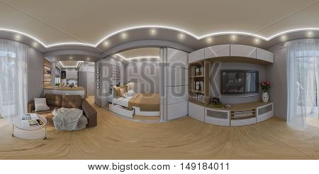 3d illustration spherical 360 degrees seamless panorama of living room and bedroom interior design. Modern studio apartment in the Scandinavian minimalist style